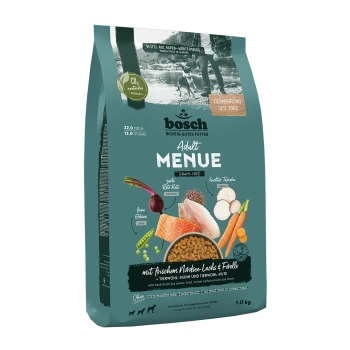 Bosch Adult Menu getreidefreies Hundefutter in einer Tüte mit frischem Nordseelachs und Forelle, mit Zutaten wie Rüben, Erbsen und Karotten.