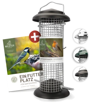 Vogelfutterspender mit einem Metallgitterdesign, mit einem schwarzen Ober- und Unterteil, begleitet von einer Broschüre mit dem Titel "Ein Futter Platz für Gartenvögel."