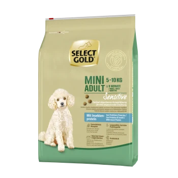 Select Gold Mini Adult dog food bag, 5-10 kg, for sensitive dogs, featuring a poodle and text about insect protein and nutritional benefits.