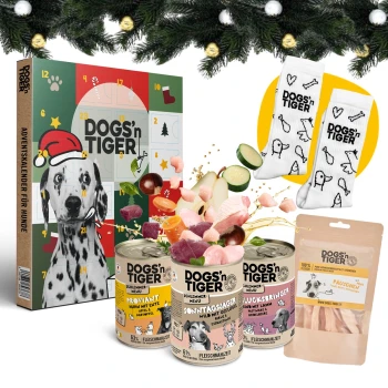 Dogs´n Tiger, Dogs - Adventsbundel Adventskalender für Hunde von Dogs'n Tiger, mit drei Dosen Hundefutter, einem Pack Leckerlis und festlichen Socken.