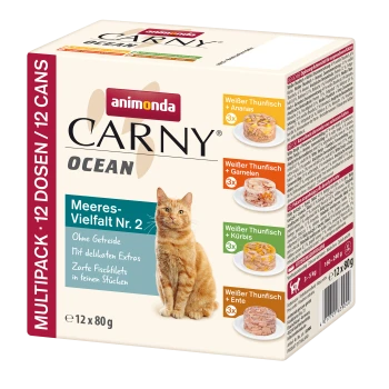 Wielopak karmy dla kotów Animonda Carny Ocean z kotem rasy tabby, zawierający 12 puszek 80g bez zbóż w różnych smakach.
