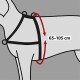 Illustration eines Hundegeschirrs mit verstellbaren Riemen, das einen Messbereich von 65–105 cm für die Größe zeigt.