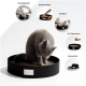 Eine graue Katze liegt in einem runden schwarzen Bett, mit kreisförmigen Highlights zur Kratzfähigkeit, einfachen Montage und enthaltenem Katzenminze.