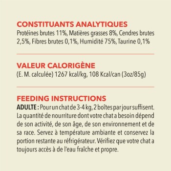 Informations nutritionnelles pour la nourriture pour chats, détaillant les contenus en protéines, graisses, fibres, humidité et taurine, avec des instructions d'alimentation en français et en anglais.
