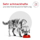 Hund frisst aus roter Schüssel mit deutschem Text 'Sehr schmackhafte und leichtverdauliche Nahrung' und 'Veterinary Nutrition'-Abzeichen