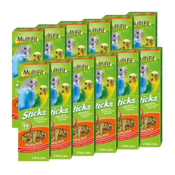 Multifit-Vogelfuttersticks für Wellensittiche, mit buntem Verpackungsdesign und Bildern von blauen und gelben Sittichen, beschriftet mit "Vitality Kick."