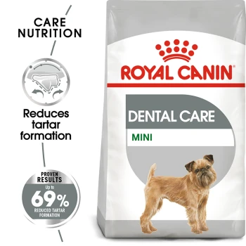 Royal Canin Dental Care Mini dog food bag with small dog illustration and text on reducing tartar formation by up to 69%.