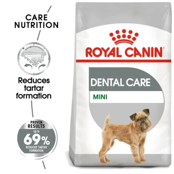 Royal Canin Dental Care Mini dog food bag with small dog illustration and text on reducing tartar formation by up to 69%.