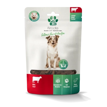 Fellicita Hundeleckerli-Beutel mit Foto eines glücklichen Hundes, 'Fellonis Fleischstreifen', Kennzeichnung Rind/Beef sowie Icons für getreidefrei/Monoprotein.