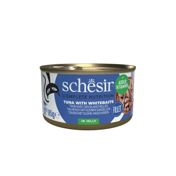 Schesir cat food can, tuna with whitebaits fillet in jelly, 85g, with added vitamins, complete nutrition.