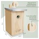 Holz-Vogelhaus mit integrierter Aufhängung, verschraubten Elementen und beschrifteten Abmessungen: 33 cm Höhe, 22 cm Breite, 15,5 cm Tiefe.