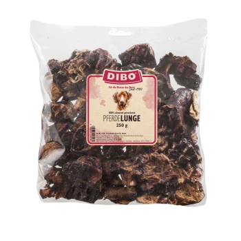Płuca końskie 250 g DIBO 100% suszona przekąska z płuc konia dla psów, opakowanie 250 g, z przezroczystą plastikową torbą wypełnioną ciemnymi, żującymi kawałkami.