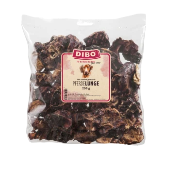 DIBO 100% getrocknete Pferdelungen-Hundeleckerei, 250 g Packung, die eine durchsichtige Plastiktüte mit dunklen, zähen Stücken zeigt.