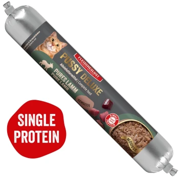 Fleischeslust 'Pussy Deluxe' Lamm-Mousse Katzenfutter-Tube, Single-Protein, Alleinfuttermittel, orange-getigerte Katze auf dem Etikett