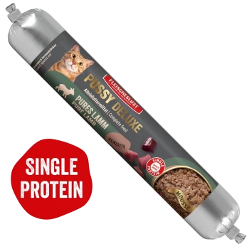 Fleischeslust 'Pussy Deluxe' Lamm-Mousse Katzenfutter-Tube, Single-Protein, Alleinfuttermittel, orange-getigerte Katze auf dem Etikett