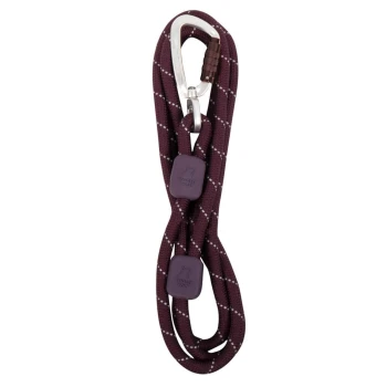 Führleine Rope Eine burgunderrote Hundeleine mit strukturiertem Griff und einem silbernen Karabinerclip, mit weißen Diamantmustern und lila Gummistopfen.