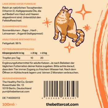 Die Verpackung eines Katzenpräparats zeigt eine illustrierte orangefarbene Katze mit Zutatenangaben wie Sonnenblumen- und Arganöl sowie Fütterungsempfehlungen.