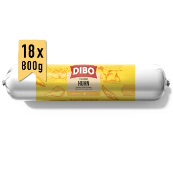 DIBO FreshRoll Hundefutterrolle mit Huhn, Karotte, Kürbis und Erbsen, 18x800g Packung, gelbes Etikett mit Hund- und Futterillustrationen.