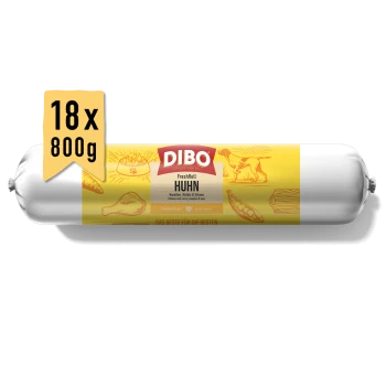 DIBO FreshRoll Hundefutterrolle mit Huhn, Karotte, Kürbis und Erbsen, 18x800g Packung, gelbes Etikett mit Hund- und Futterillustrationen.
