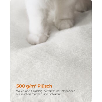 Nahaufnahme einer Katzenpfote auf einem plüschigen weißen Haustierbett mit dem Text: "500 g/m² Plüsch - weich und flauschig, perfekt zum Entspannen."