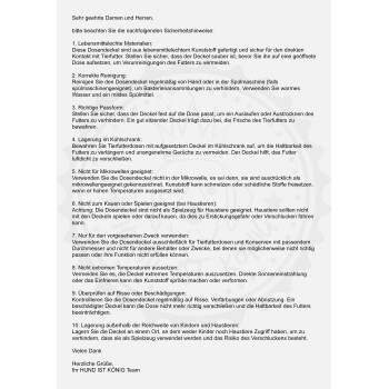 Bild eines Sicherheitsinformationsdokuments für die Deckel von Haustierfutterdosen, das die richtige Verwendung, Reinigung und Lagerungshinweise auf Deutsch beschreibt.