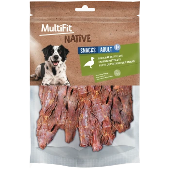 Sac MultiFit Native snacks (Adulte 1+), photo de chien et fenêtre montrant des filets de poitrine de canard séchés ; il est indiqué « FILETS DE POITRINE DE CANARD ».