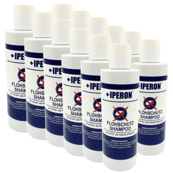 Mehrere weiße IPERON Flohschutz-Shampoo-Flaschen mit blauen Etiketten und rotem durchgestrichenem Flöhen-Symbol