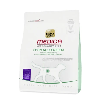 Medica Hypoallergénique Cheval 2,5 kg Un sac de 2,5 kg de nourriture pour chiens hypoallergénique Select Gold Medica Veterinary Diet, avec un design vert et blanc et une silhouette de chien.