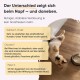 Milo & Mia Haustierfutter-Werbung, die glutenfreie, zuckerfreie und zusatzstofffreie Zutaten hervorhebt, mit Bildern von Fisch, Tomaten und Reis.