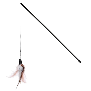 Une canne à chat noire avec un long manche et un accessoire en plumes colorées à l'extrémité, conçue pour un jeu interactif avec les animaux.