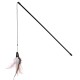 A black cat teaser wand with a long handle and colorful feather attachment at the end, designed for interactive play with pets.