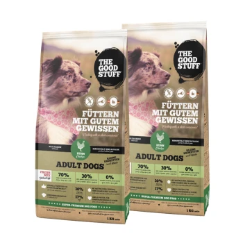 Zwei Tüten 'The Good Stuff' Super-Premium-Hundefutter für erwachsene Hunde, mit einem Hund auf der Vorderseite und Nährwertinformationen.
