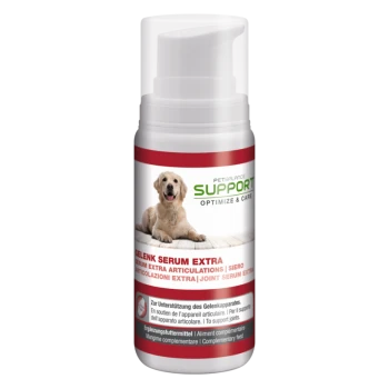 Flasche von Petbalance Support Joint Serum Extra für Haustiere, mit einem Golden Retriever auf dem Etikett und mehrsprachigem Text über Gelenkunterstützung.