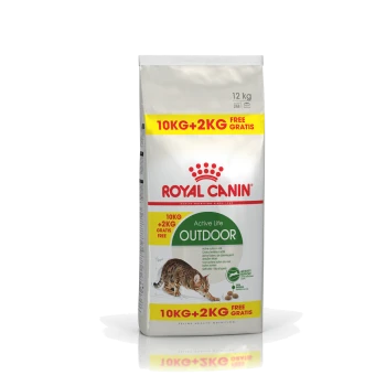 Royal Canin Active Life Outdoor Katzenfutterbeutel, 12 kg, mit einer Bengal-Katzenillustration, mit "10KG + 2KG GRATIS" deutlich angezeigt.