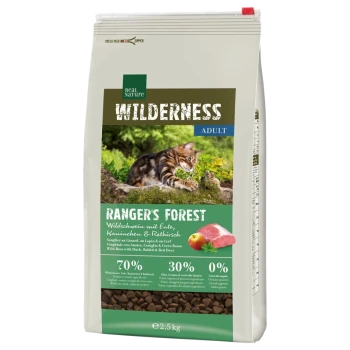 Sac de 2,5 kg de nourriture pour chats Real Nature Wilderness, "Ranger's Forest," avec un design de chat tigré, contenant 70% de viande et 0% de céréales.