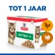 De zak met Hill's Science Plan kittenvoer toont een speelse kitten en de tekst "TOT 1 JAAR" en "KITTEN <1" voor kittens onder één jaar.