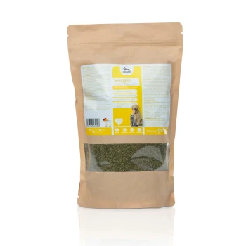 Seealgen Pulver 900 g Braune Papiertüte mit einem Nahrungsergänzungsmittel aus Algen für Haustiere, mit einem transparenten Fenster, das den Inhalt zeigt, einschließlich Nährwertinformationen und Anwendungshinweisen.