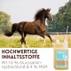 Nahaufnahme eines braunen Pferdes, das aus einem Eimer trinkt, mit einer Flasche Supravit MSM & Glucosamin Ergänzung daneben.