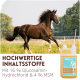 Nahaufnahme eines braunen Pferdes, das aus einem Eimer trinkt, mit einer Flasche Supravit MSM & Glucosamin Ergänzung daneben.