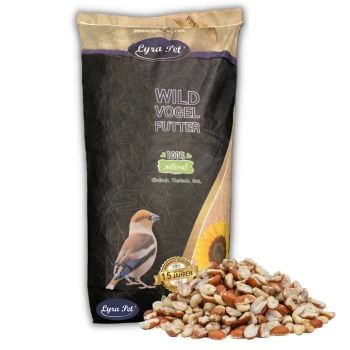Eine Tüte Lyra Pet Wild Vogel Futter, beschriftet mit "100% natürlich," mit einem kleinen Haufen gemischter Samen davor.