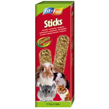 Fit+Fun Sticks for small pets, featuring two vegetable sticks and images of a rabbit, guinea pig, chinchilla, and hamster.