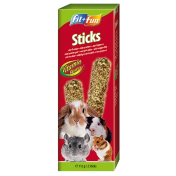 Fit+Fun Sticks for small pets, featuring two vegetable sticks and images of a rabbit, guinea pig, chinchilla, and hamster.