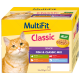 Nahaufnahme einer orangefarbenen Tabbykatze neben einer Packung MultiFit Classic Katzenfutter, beschriftet mit "Senior Fish & Classic Mix."