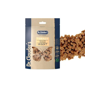 Hochwertige Verpackung für Haustiersnacks mit 'Dr. Clauder's Trainee Snack Insect' mit einem Schmetterlingsdesign, das Insektenzutaten betont.