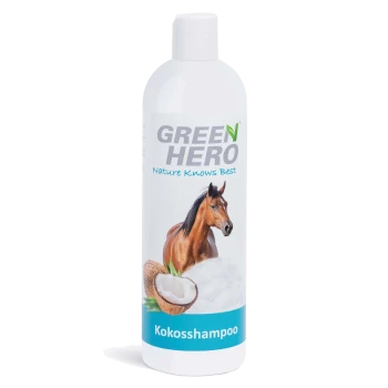 Flasche Green Hero Kokosshampoo für Pferde, mit einem braunen Pferd und Kokosnussbildern, mit dem Slogan "Die Natur weiß es am besten."