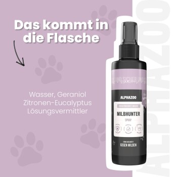 Eine Sprühflasche mit der Aufschrift "ALPHAZOO Force MILBHUNTER" für Haustiere, die sofortige Wirkung verspricht und eine Illustration von Hund und Katze zeigt.