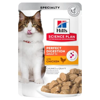 Eine flauschige Katze mit einem verspielten Ausdruck sitzt neben einem Beutel Hill's Science Plan Perfect Digestion Katzenfutter, beschriftet mit "mit Huhn."