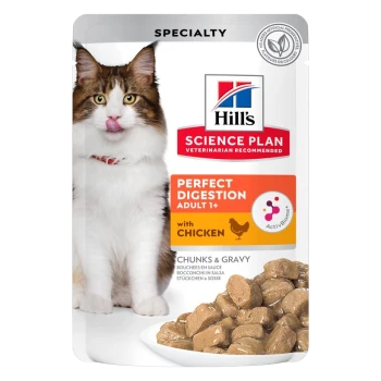 Eine flauschige Katze mit einem verspielten Ausdruck sitzt neben einem Beutel Hill's Science Plan Perfect Digestion Katzenfutter, beschriftet mit "mit Huhn."
