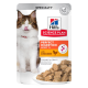 Eine flauschige Katze mit einem verspielten Ausdruck sitzt neben einem Beutel Hill's Science Plan Perfect Digestion Katzenfutter, beschriftet mit "mit Huhn."