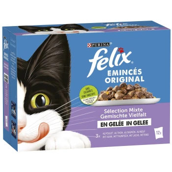 Eine Packung Purina Felix Katzenfutter mit der Aufschrift "Emincés Original" und einer schwarz-weißen Katze, mit Huhn, Thunfisch, Lachs und Rind.